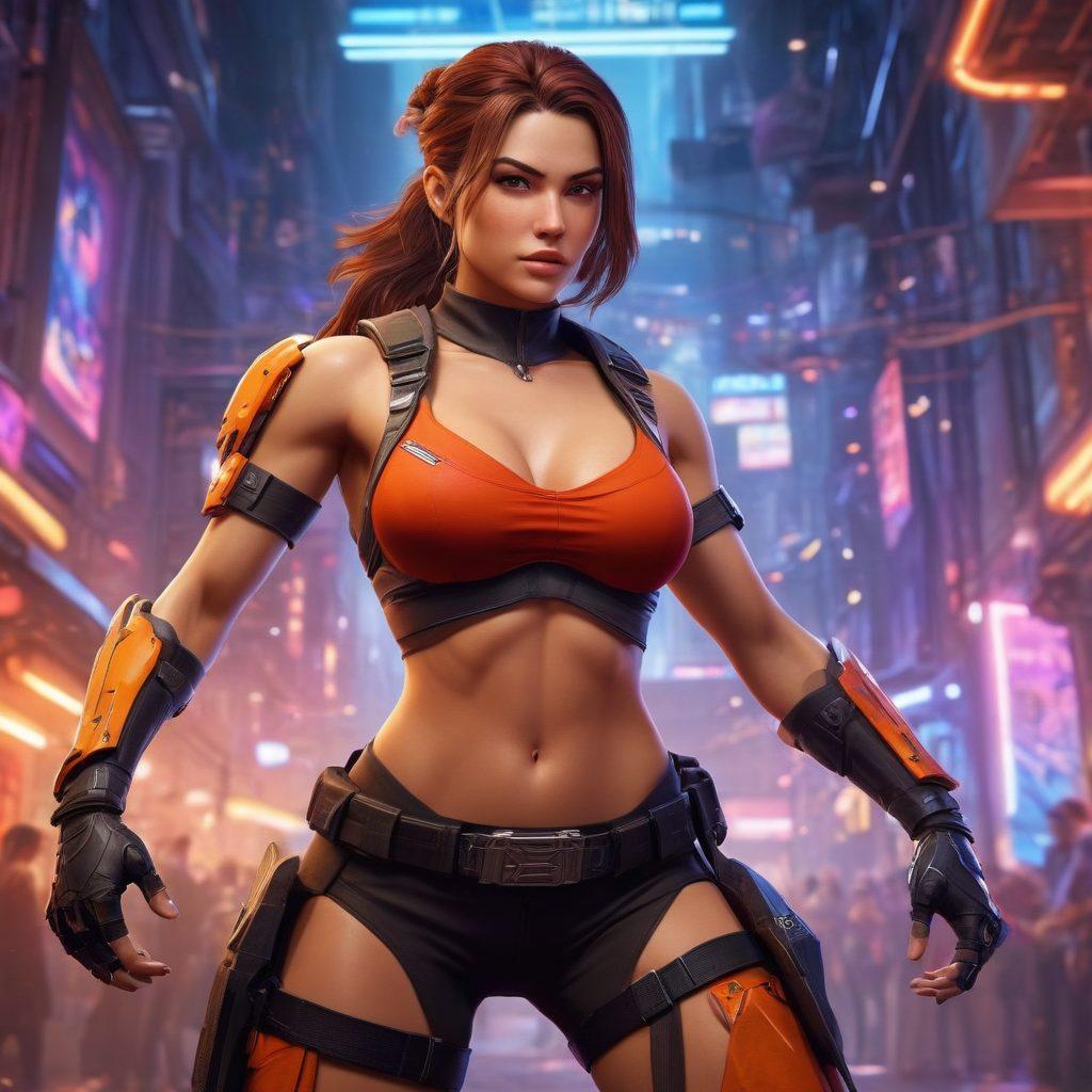 A dynamic scene showcasing a strong female character in an action-packed video game setting, highlighting her anatomy through confident poses. Surround her with vibrant lights and surreal backgrounds that reflect various gaming genres, such as fantasy and sci-fi. Include elements like weapons and futuristic gear to emphasize gameplay, while ensuring the character's design celebrates empowerment and diversity. The overall atmosphere should evoke excitement and creativity. super-realistic. vibrant colors. action-packed.