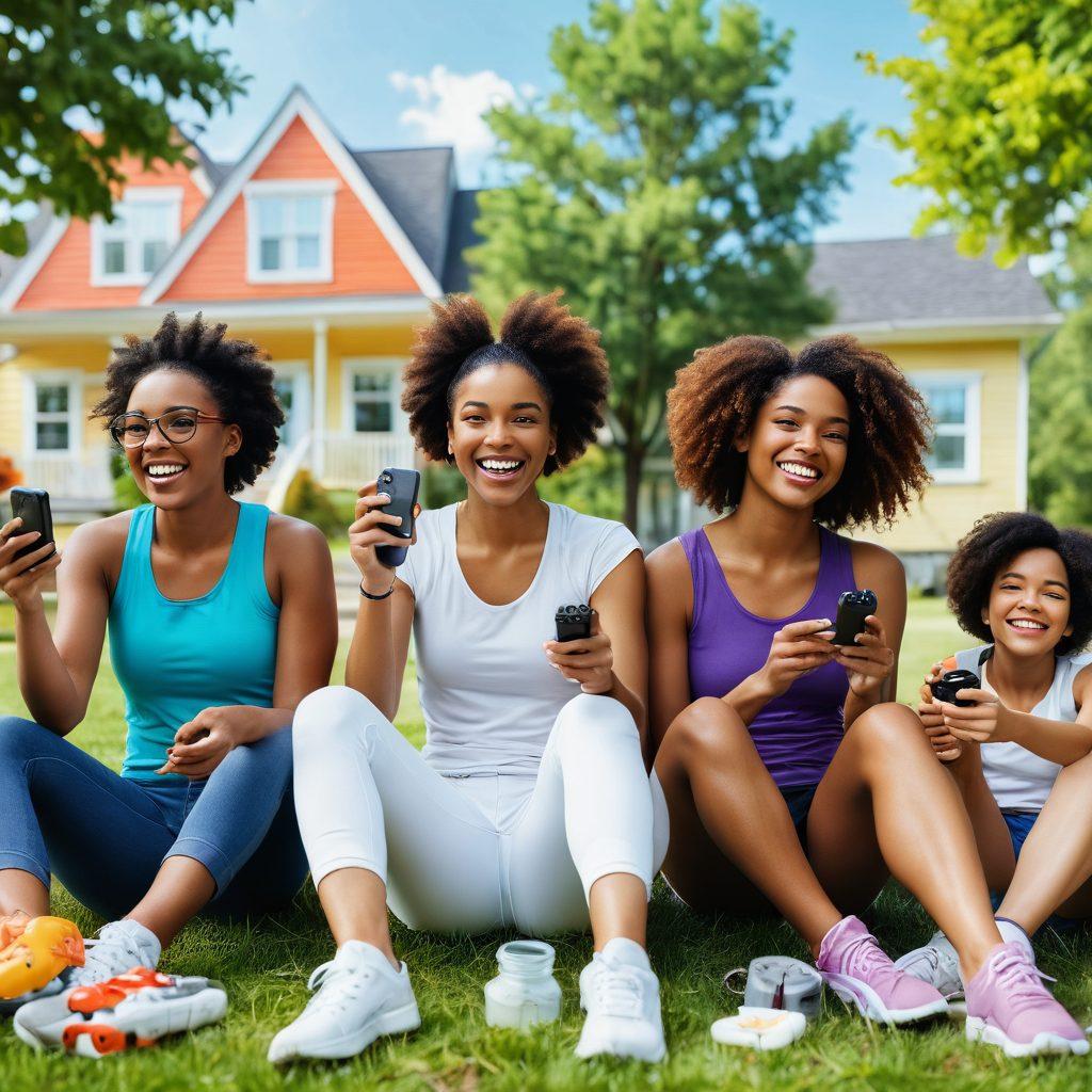 A vibrant scene depicting a diverse group of women engaging in various gaming activities—some playing video games with controllers, others enjoying outdoor activities inspired by games, like a scavenger hunt. Surround them with healthy snacks and fitness gear, highlighting a balance between fun and health. Bright colors and smiles on their faces express joy and camaraderie, with a soft-focus background of nature. The atmosphere should feel uplifting and inspiring. super-realistic. vibrant colors. white background.